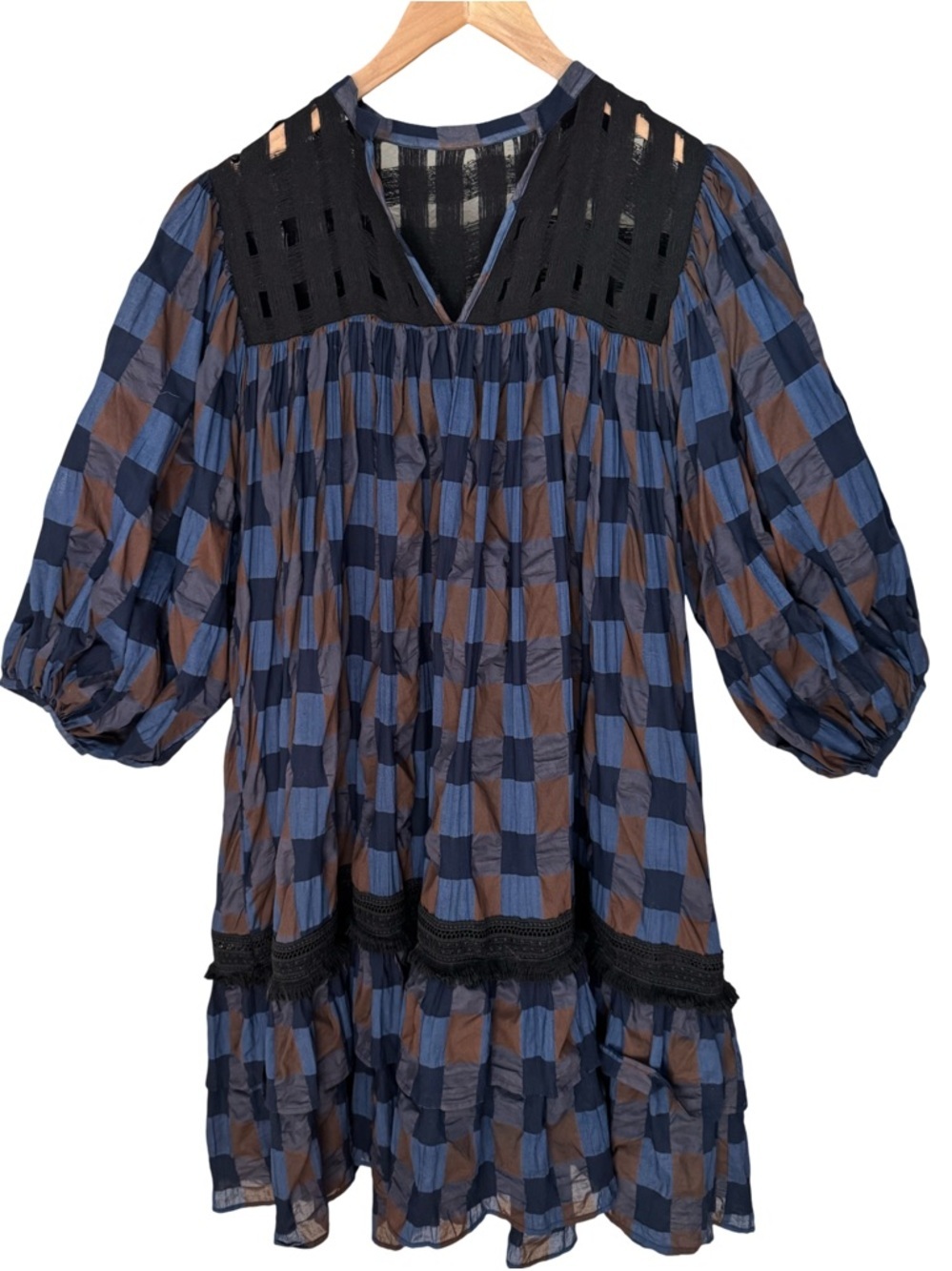 LOVE BINETTI Balloon Sleeve Blue and Brown Checkered Babydoll Dress Cotton M - Picture 1 of 16